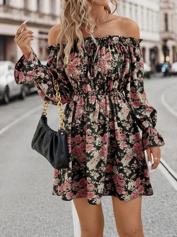 Dinner Off The Shoulder Long Sleeve Mini Dress in Floral