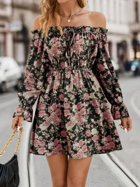 Dinner Off The Shoulder Long Sleeve Mini Dress in Floral