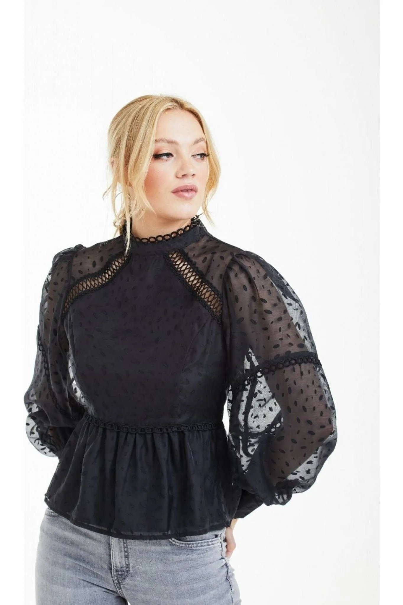 Double Second Black Polka Dot Organza Puff Sleeve Top