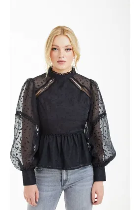 Double Second Black Polka Dot Organza Puff Sleeve Top