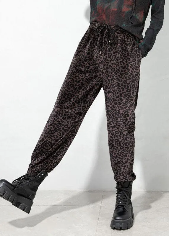 Elegant coffee drawstring Pockets Leopard Corduroy Pants Spring