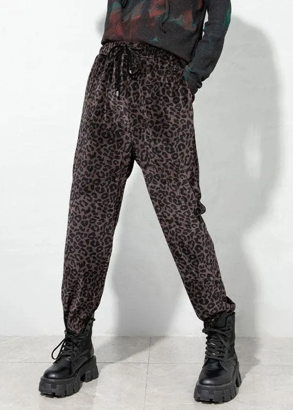 Elegant coffee drawstring Pockets Leopard Corduroy Pants Spring