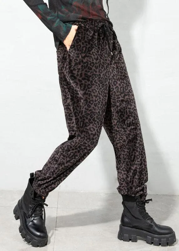 Elegant coffee drawstring Pockets Leopard Corduroy Pants Spring