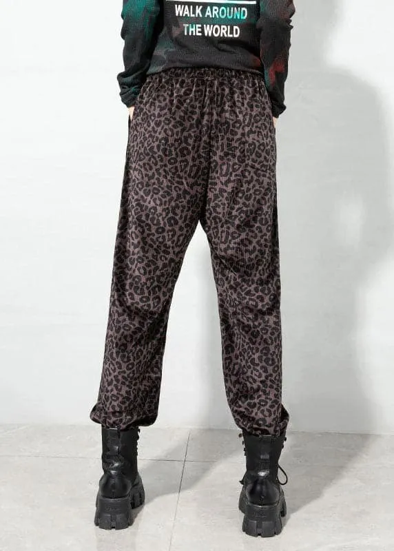 Elegant coffee drawstring Pockets Leopard Corduroy Pants Spring