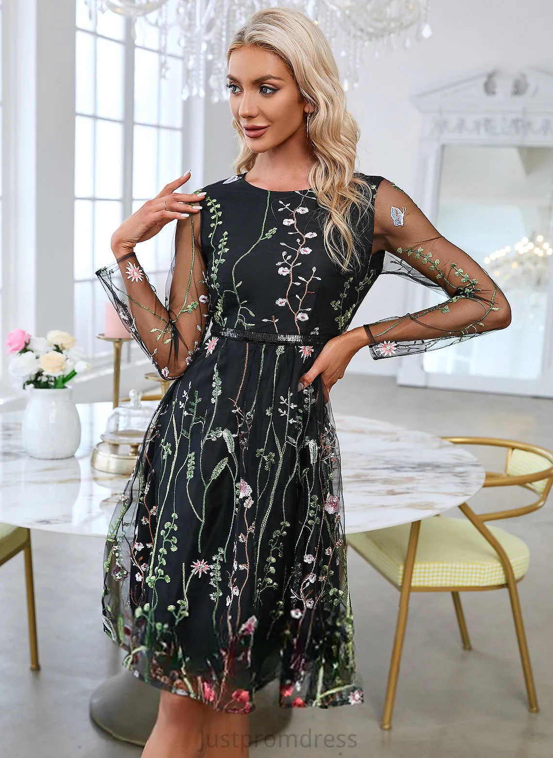 Elegant Long Dresses Kiersten Neck Mini A-line Sleeves Tulle Round Club Dresses