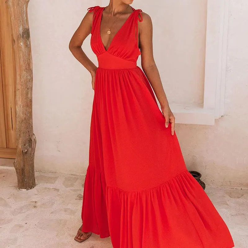 Elegant V-neck Pleated Waist Swing Dress