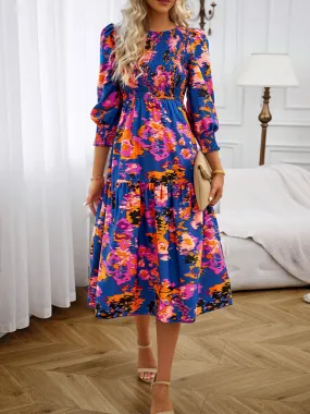 Floral A-Line Smocked Bodice Midi Dress with Flowing Tiered Skirt