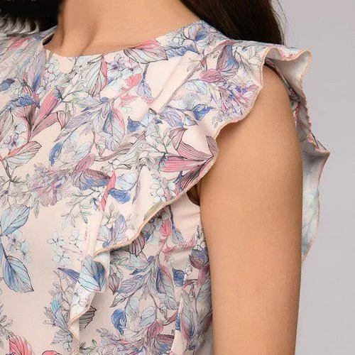 Floral Print Sleeveless Cap Ruffles Round Neck A-Line Midi Dress