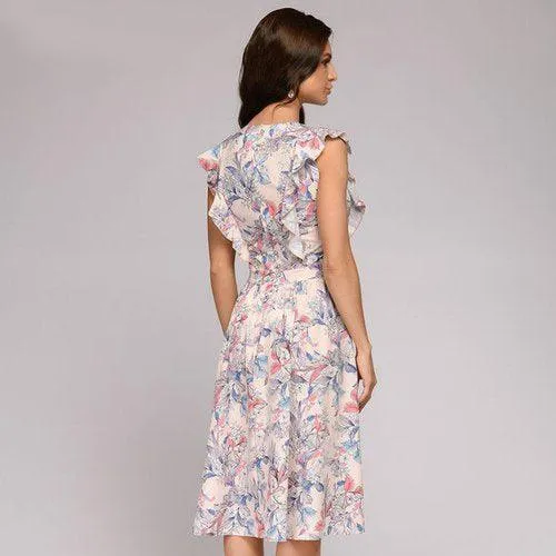 Floral Print Sleeveless Cap Ruffles Round Neck A-Line Midi Dress