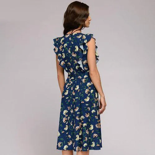 Floral Print Sleeveless Cap Ruffles Round Neck A-Line Midi Dress