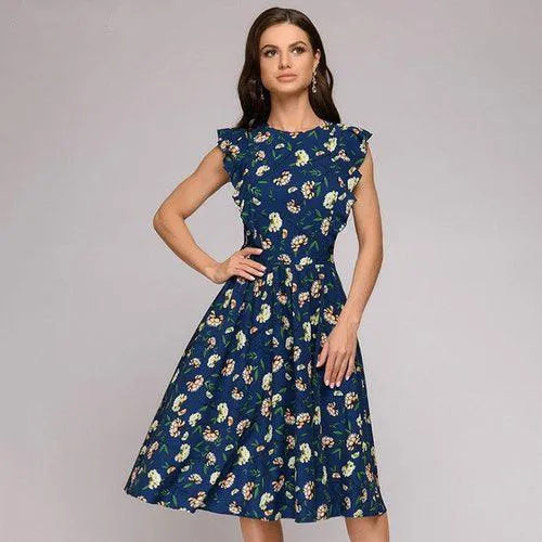 Floral Print Sleeveless Cap Ruffles Round Neck A-Line Midi Dress