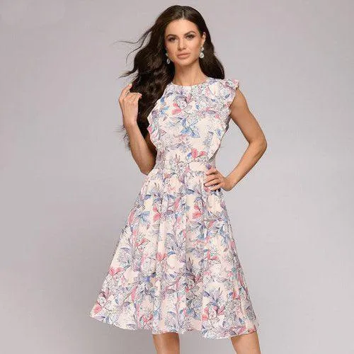 Floral Print Sleeveless Cap Ruffles Round Neck A-Line Midi Dress