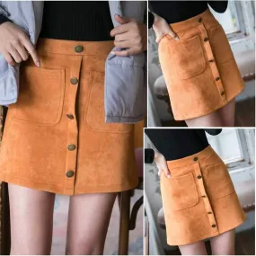 Front Button Up High Waisted Mini Suede Skirt