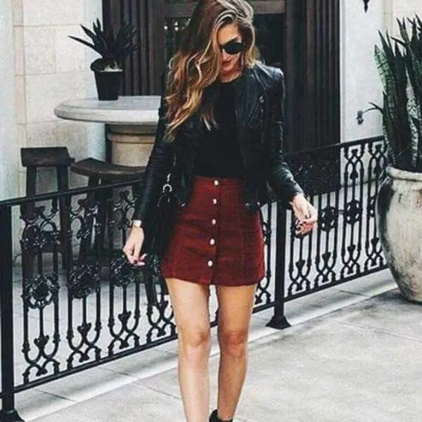 Front Button Up High Waisted Mini Suede Skirt