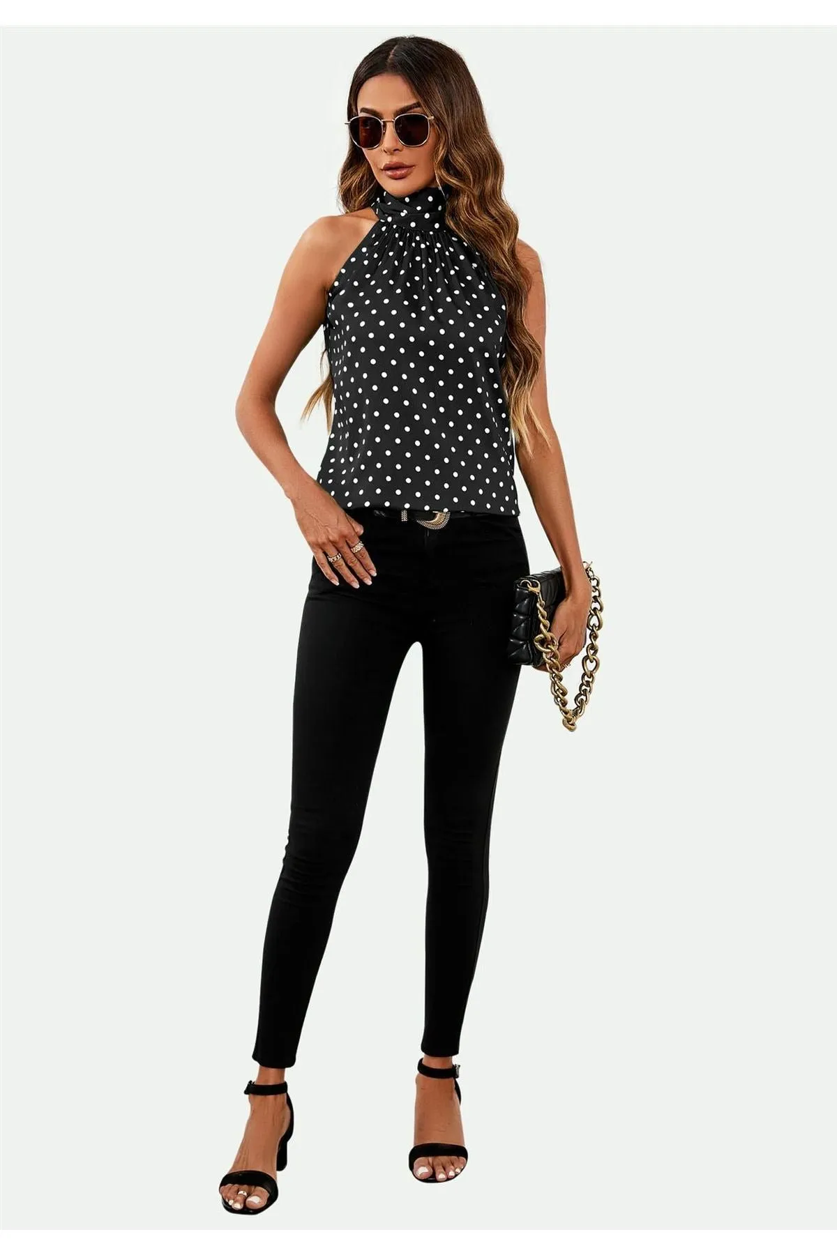 FS Collection Polka Dot Print Halter Neck Tie Back Top In Black