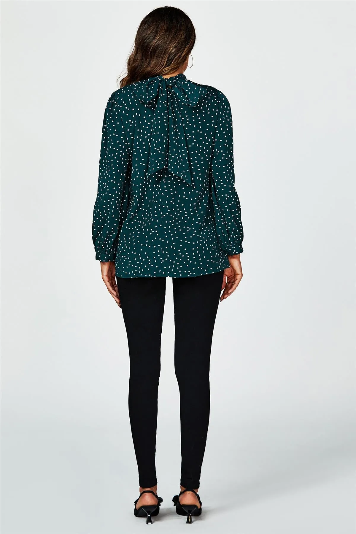 FS Collection Polka Dot Print Long Sleeve Back Tie Blouse Top In Green