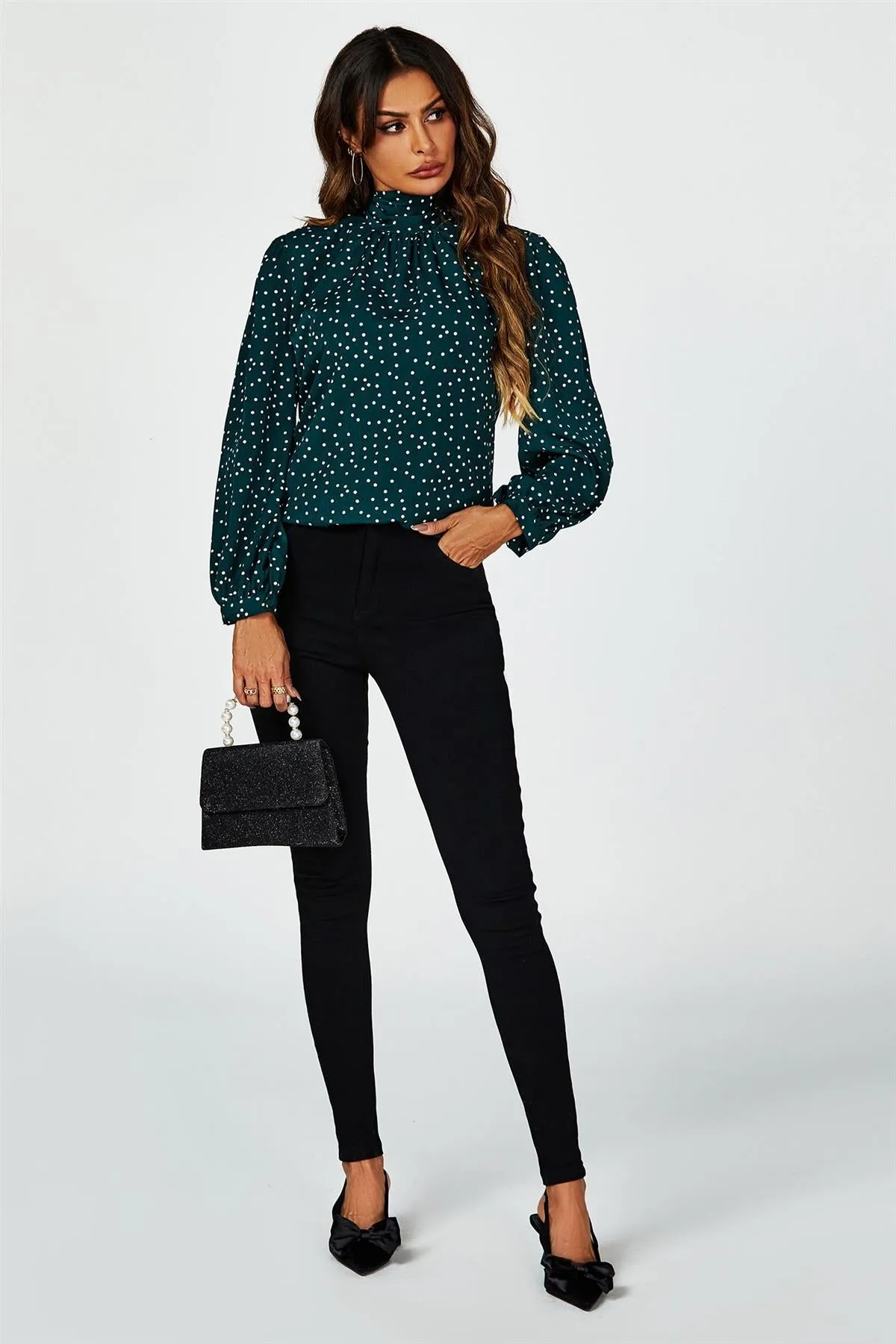 FS Collection Polka Dot Print Long Sleeve Back Tie Blouse Top In Green