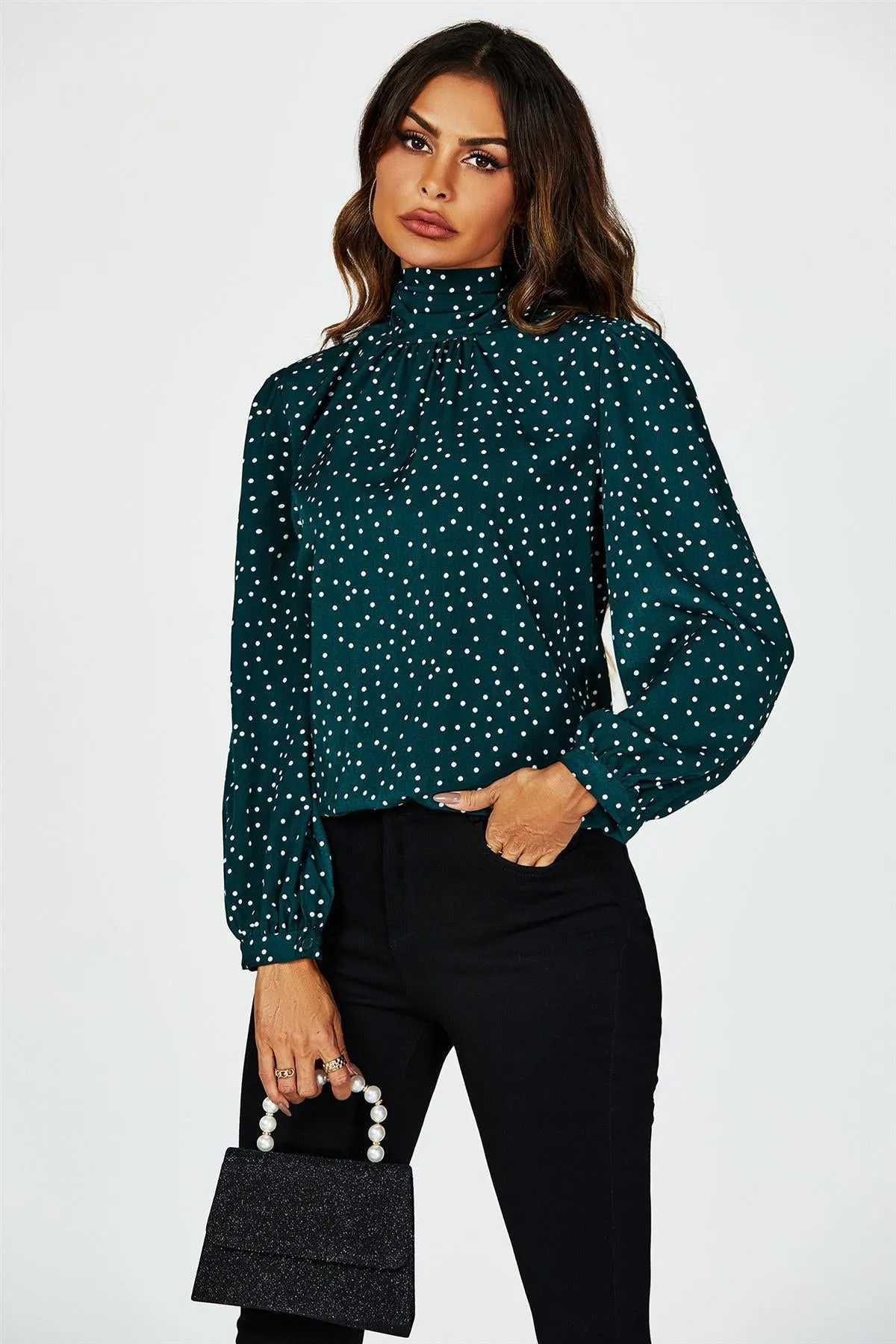 FS Collection Polka Dot Print Long Sleeve Back Tie Blouse Top In Green