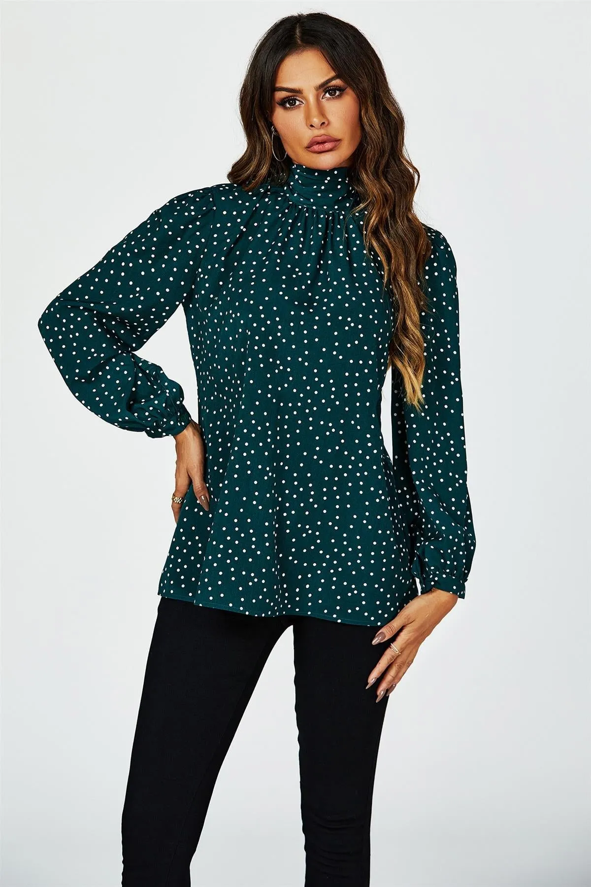 FS Collection Polka Dot Print Long Sleeve Back Tie Blouse Top In Green