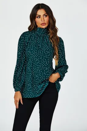 FS Collection Polka Dot Print Long Sleeve Back Tie Blouse Top In Green