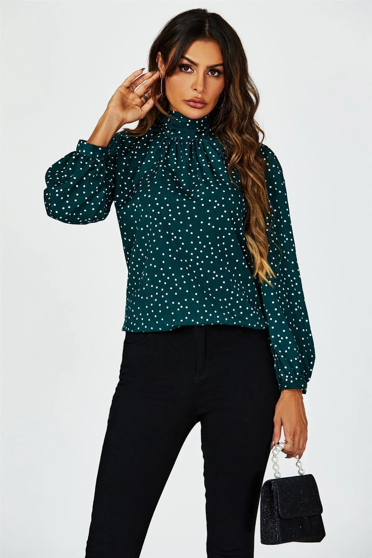 FS Collection Polka Dot Print Long Sleeve Back Tie Blouse Top In Green