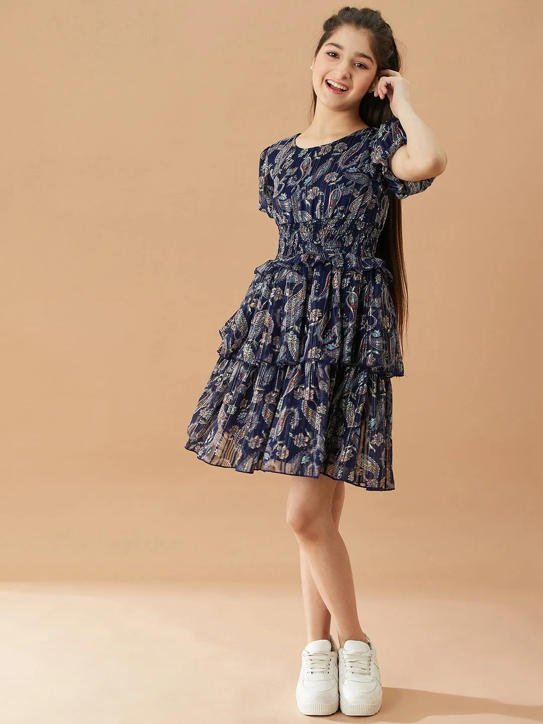 Girls Ethnic Motifs Printed Layered Fit Flare Dress - Ps Peaches