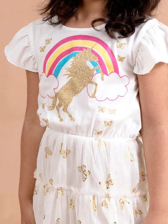 Girls White Unicorn Printed Fit Flare Net Dress - Ps Peaches