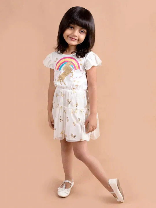 Girls White Unicorn Printed Fit Flare Net Dress - Ps Peaches