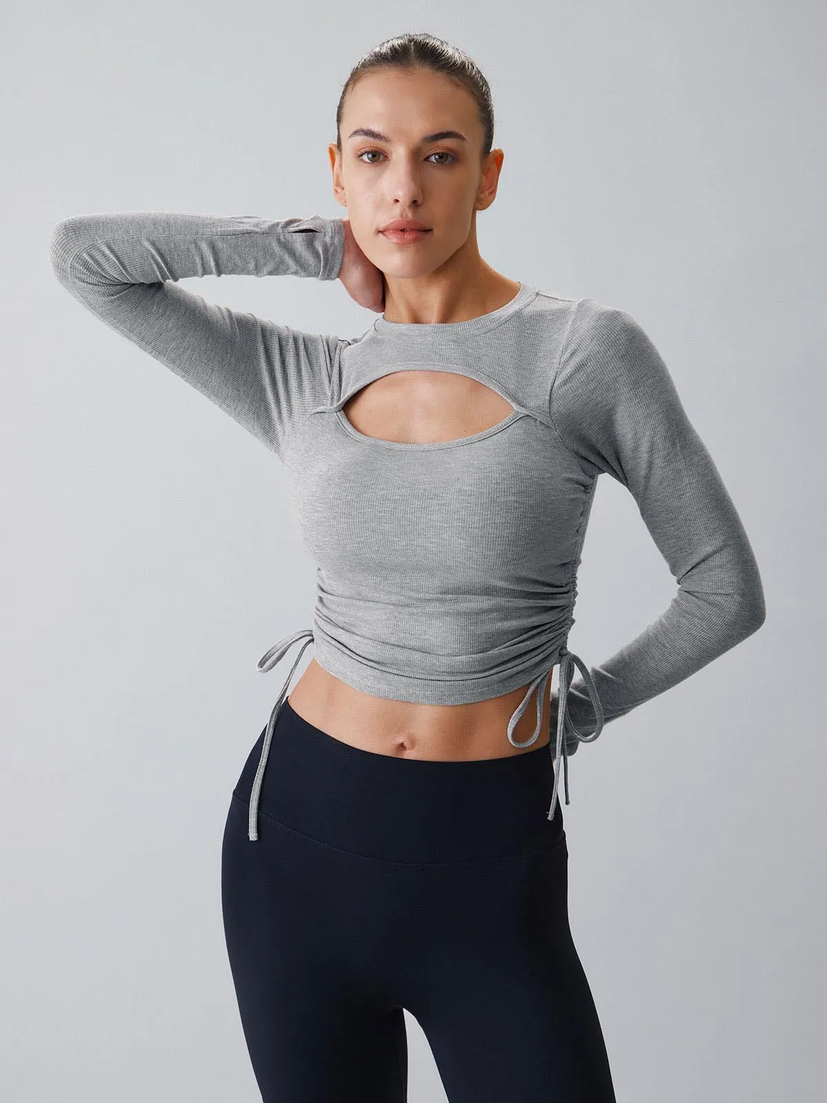 Grey Cut Out Drawstring Long Sleeve Top - Light Support