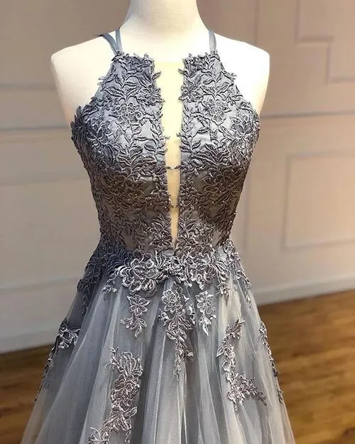 Grey Tulle A-line Spaghetti Straps Long Prom Dresses With Lace Appliques, SP541