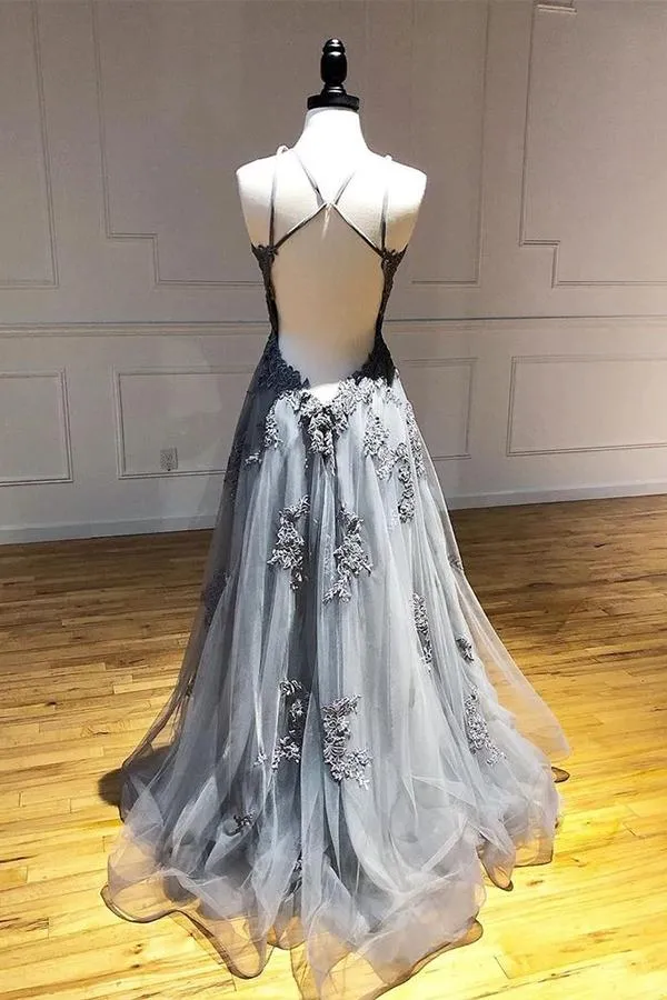 Grey Tulle A-line Spaghetti Straps Long Prom Dresses With Lace Appliques, SP541