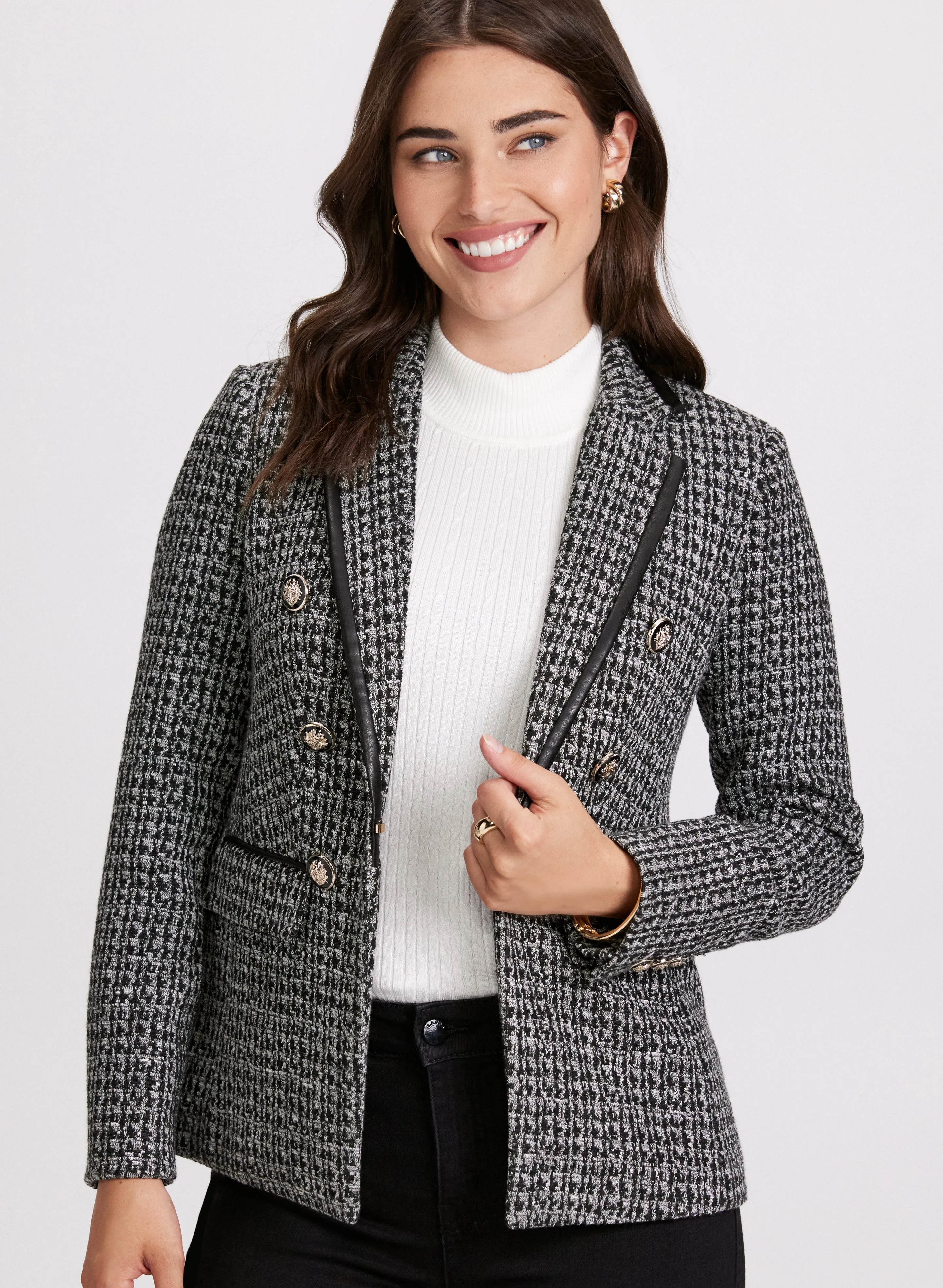 Houndstooth Print Vegan Leather Trim Blazer