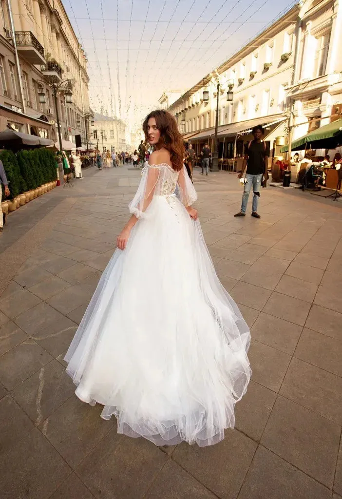 Long sleeve  off-the-shoulder sweep train A -Line wedding dress