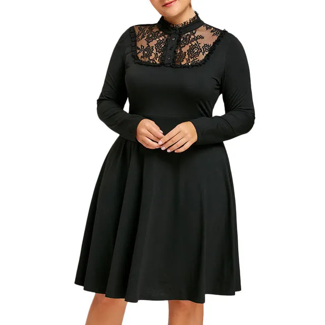 Long Sleeves Button Vintage Trim Fit And Flare Party Dress