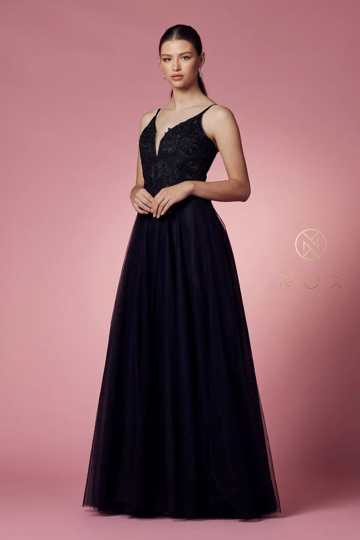 LONG TULLE EMBROIDERED BODICE DRESS_R357