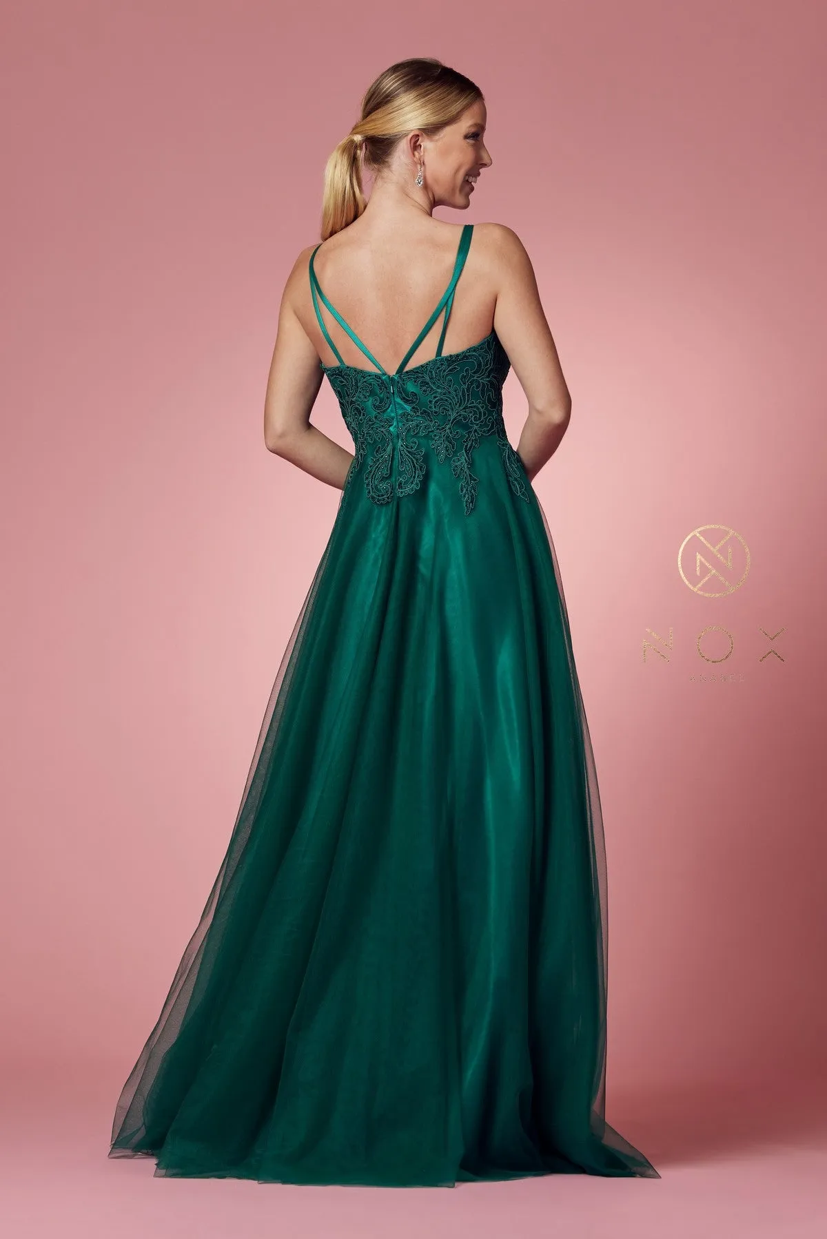 LONG TULLE EMBROIDERED BODICE DRESS_R357