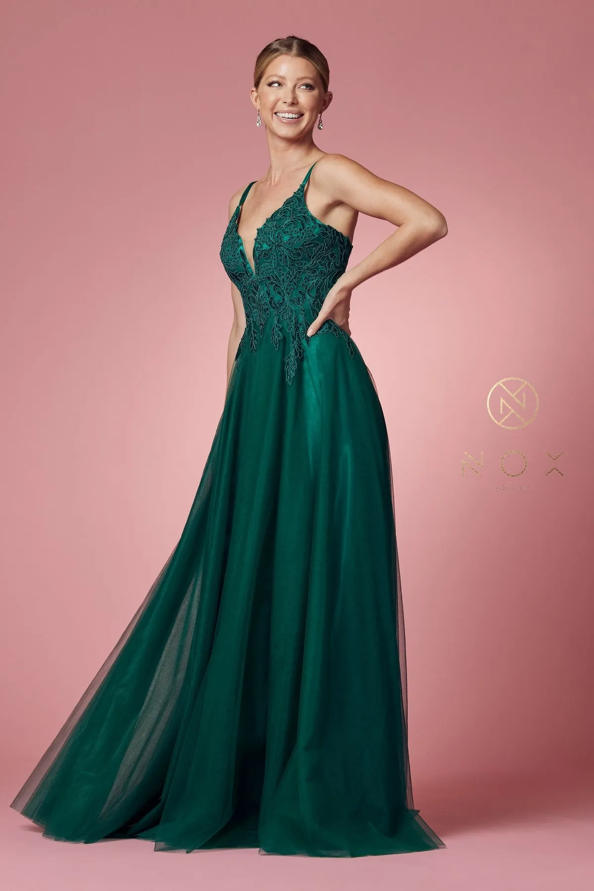 LONG TULLE EMBROIDERED BODICE DRESS_R357