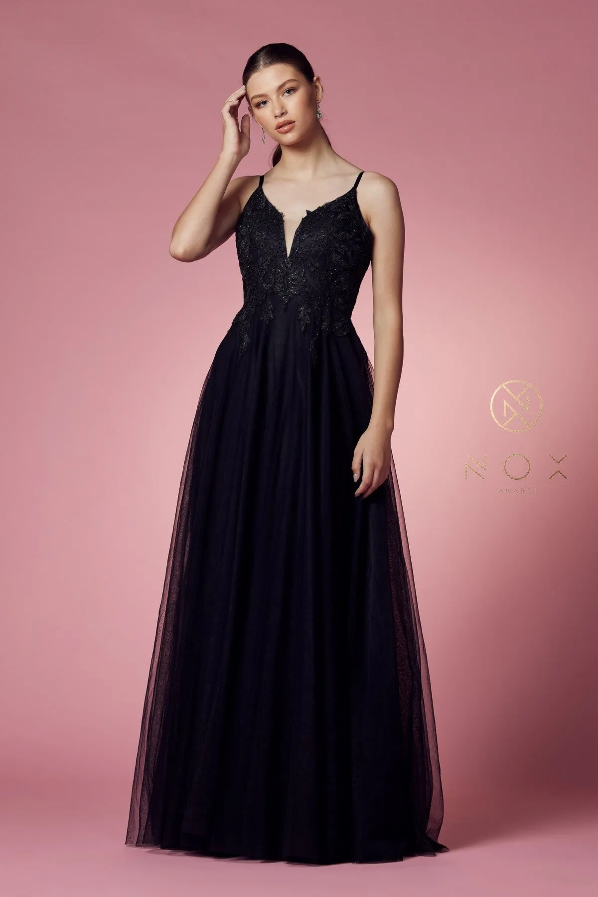 LONG TULLE EMBROIDERED BODICE DRESS_R357