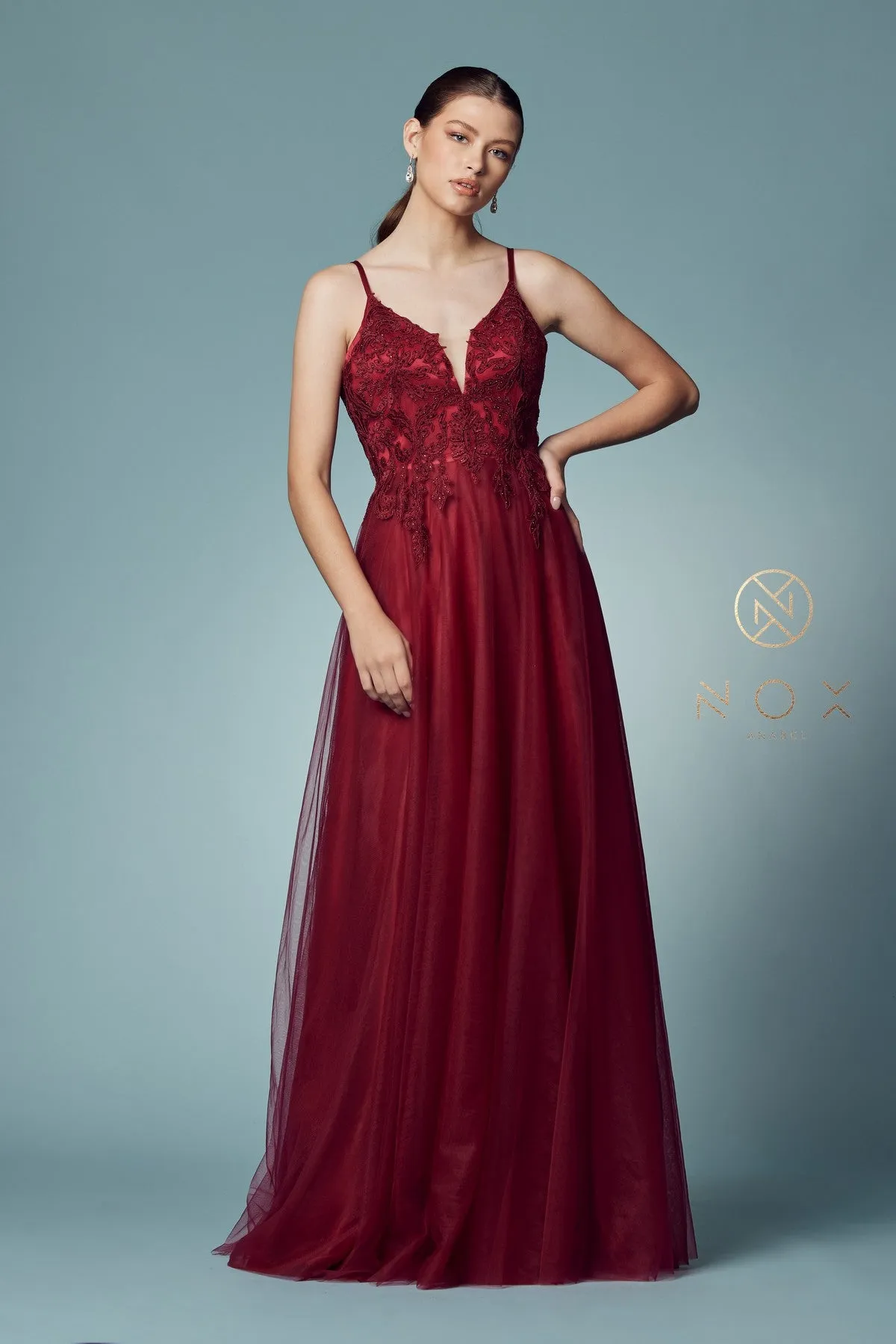 LONG TULLE EMBROIDERED BODICE DRESS_R357