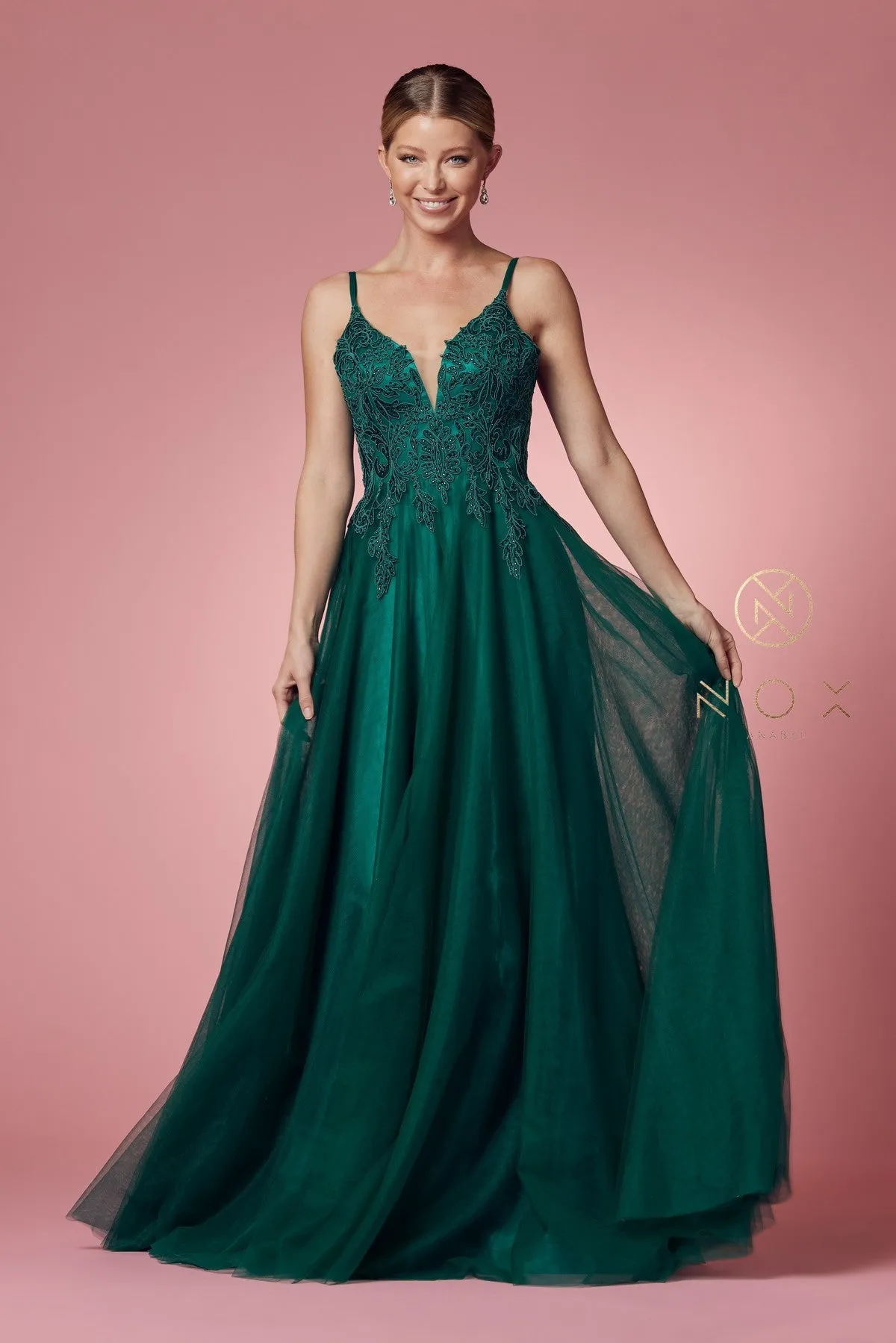 LONG TULLE EMBROIDERED BODICE DRESS_R357