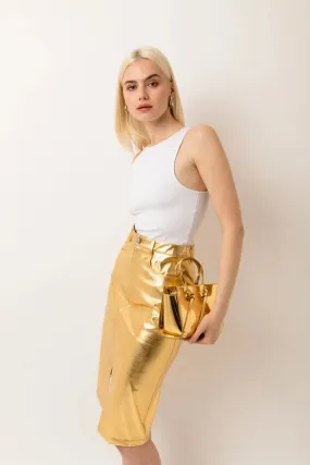 Lupe High Waist Metallic Knee Length Skirt Gold