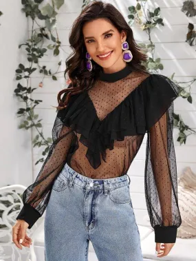 Mock Neck Ruffle Trim Sheer Polka Dot Mesh Top