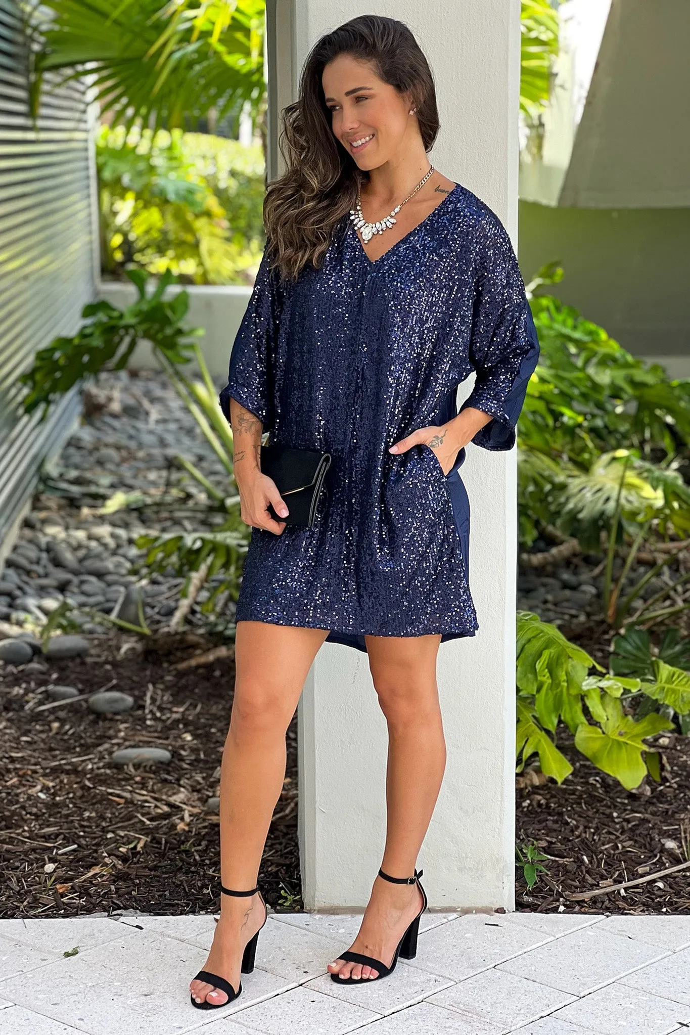 Navy Loose Fit Sequined Dress