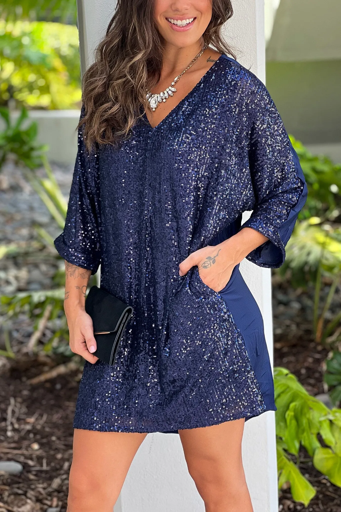 Navy Loose Fit Sequined Dress