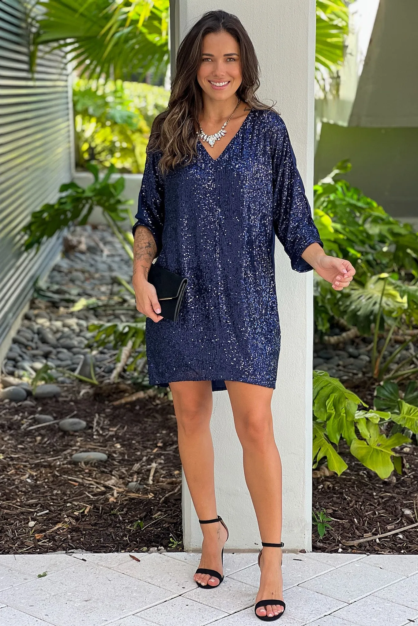 Navy Loose Fit Sequined Dress