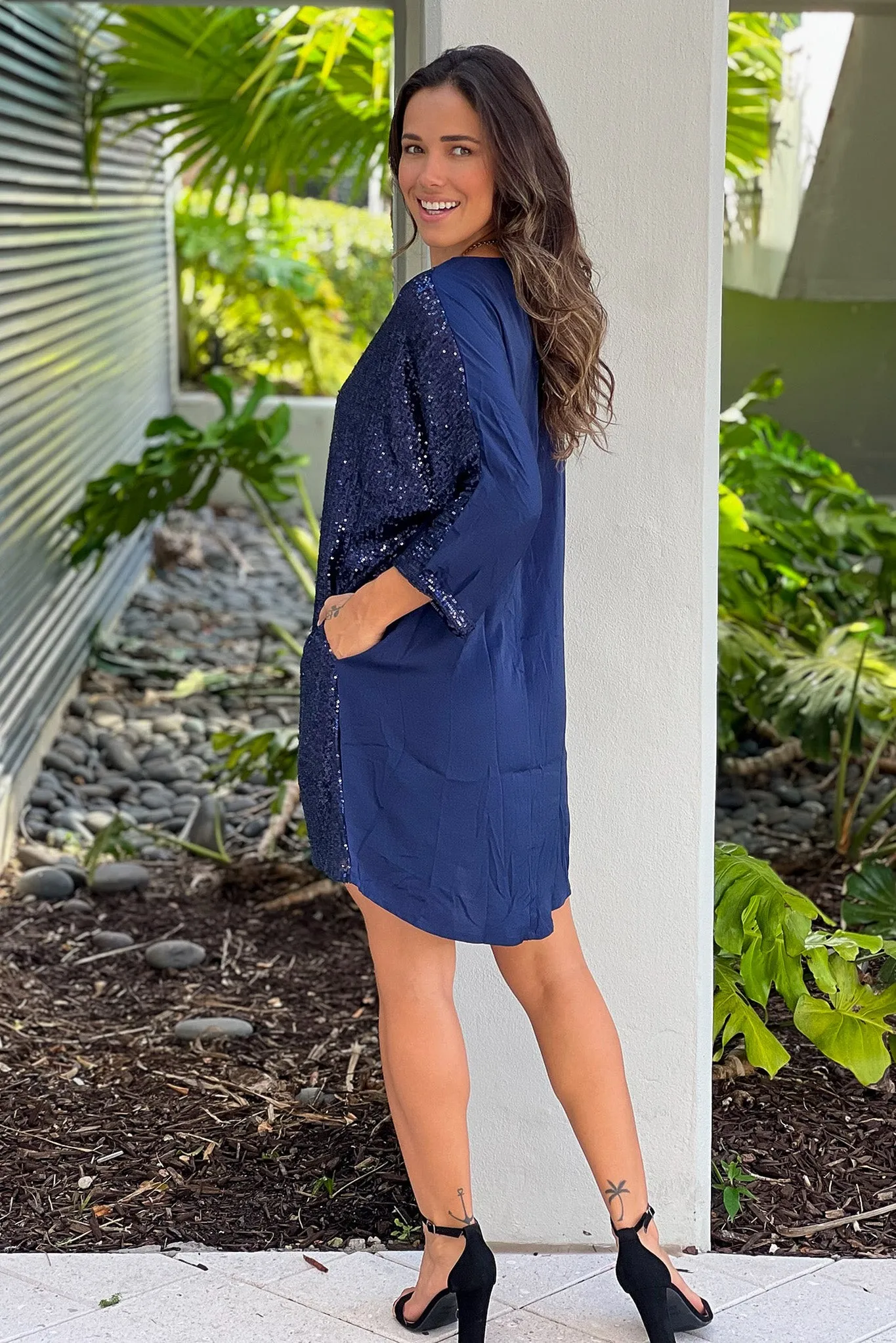 Navy Loose Fit Sequined Dress