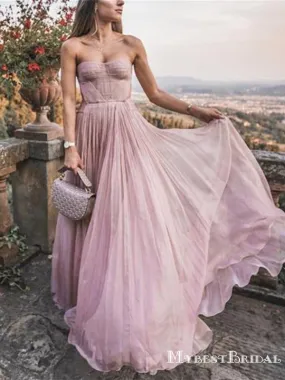 New Arrival Charming Strapless Sleeveless Pink A-line Chiffon Long Cheap Prom Dresses, TYP0111