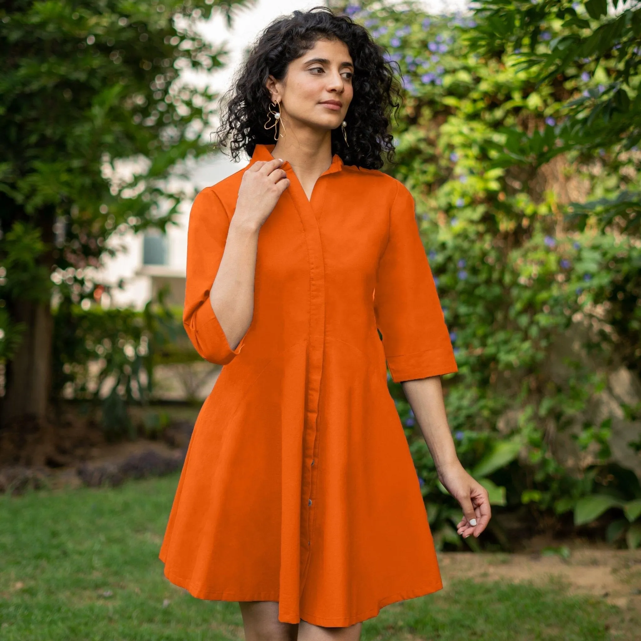 Orange Cotton Poplin Fit and Flare Short Button-Down Shirt Dress