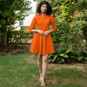 Orange Cotton Poplin Fit and Flare Short Button-Down Shirt Dress