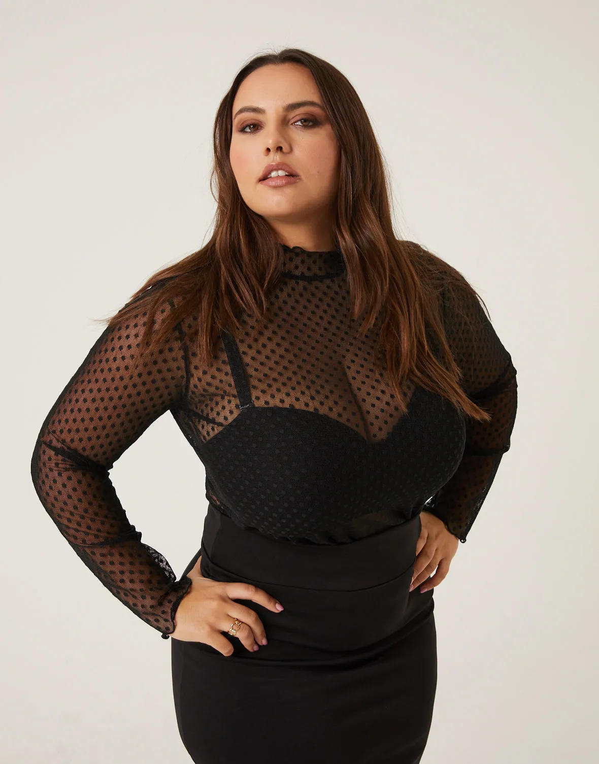 Plus Size Polka Dot Mesh Top